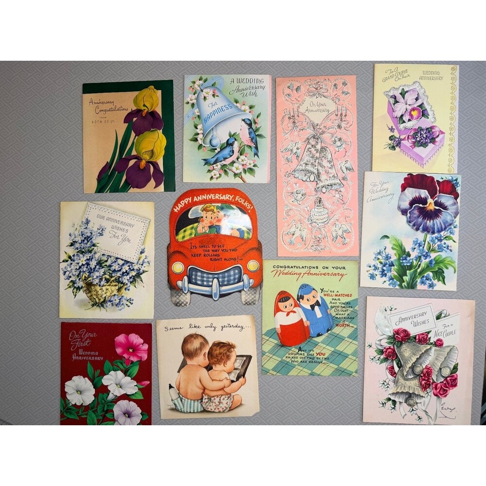 10 Vintage Kitsch Cute Anniversary Greeting Cards 1954 Mid-Century Ephemera